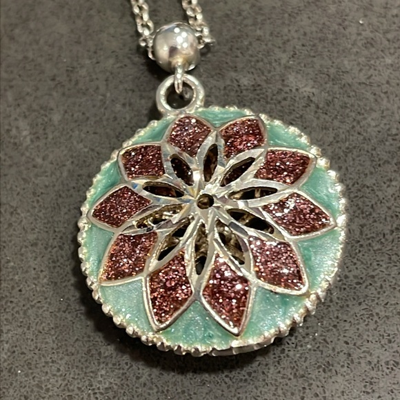 Blue and Purple Enamel Flower Puff Pendant Necklace - Picture 3 of 10